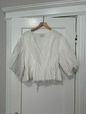 Tanya Taylor White Textured Wrap Peplum Blouse